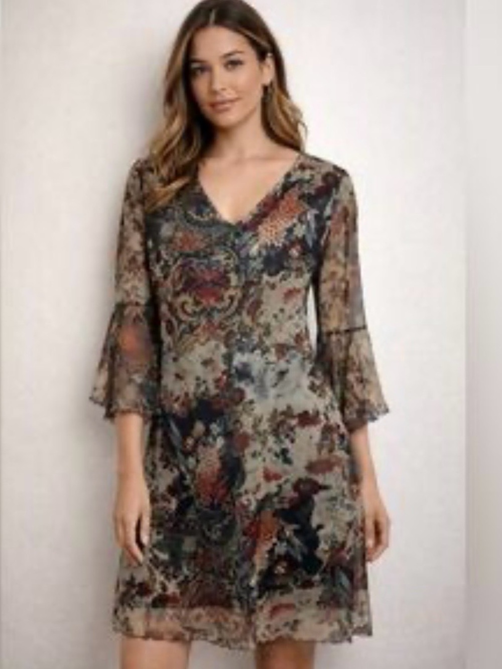 Expressions Floral Bell Sleeve Mini Dress Large Fairy Grunge Whimsigoth